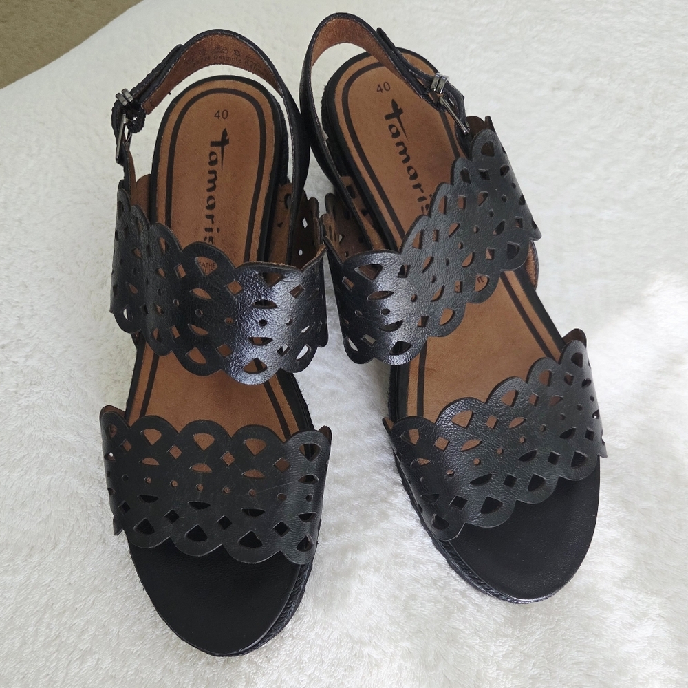 Tamaris ✨️ Black Leather Women's Sandals Size 9